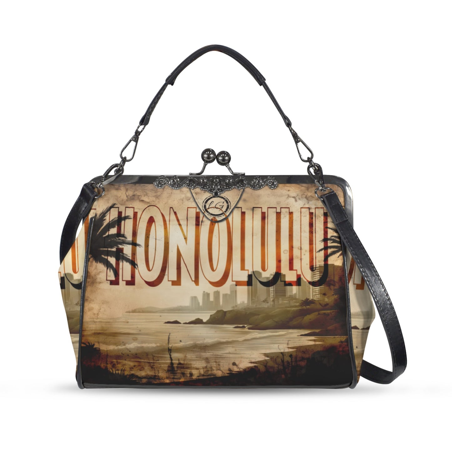Waikiki Beach designed Handbag, Unique Hawaii Crossbody Purse, Honolulu Vacation Souvenir Shoulder Handbag, Beach Tote Bag, Vintage Handbag
