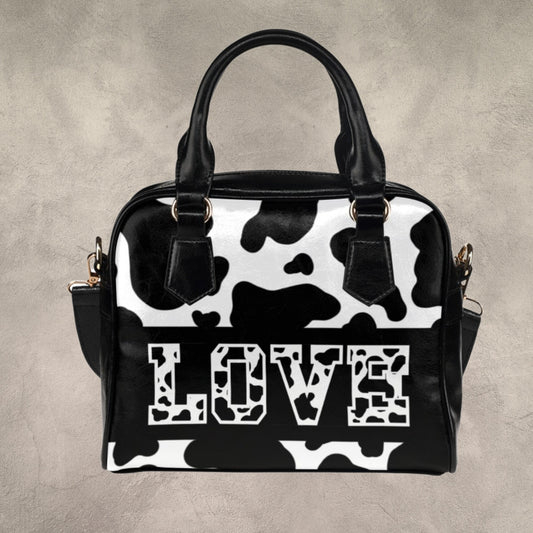 Cute Cow Print leather handbag, Black and white shoulder bag with LOVE, Crossbody bag for Cow Print lover, Trending purse for women