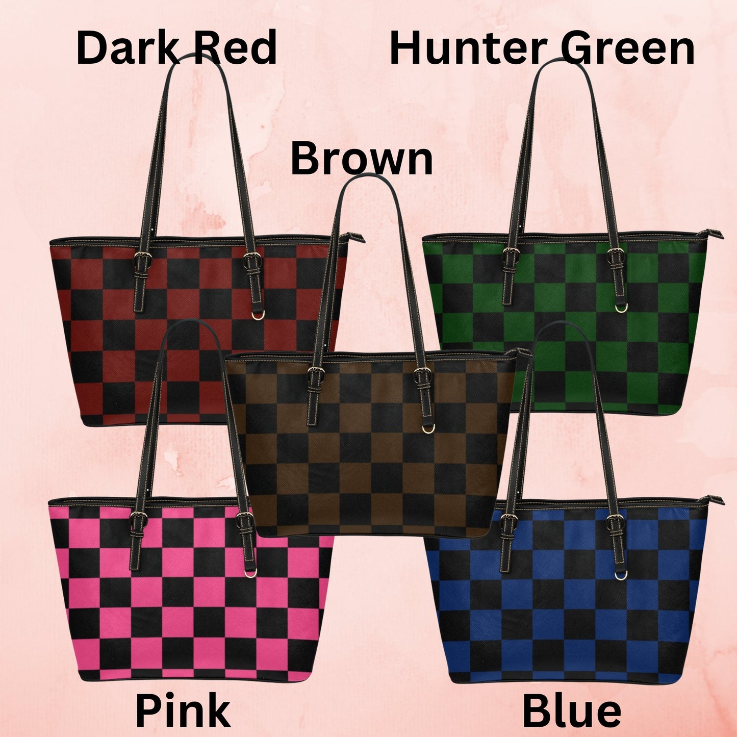 Checkerboard pattern large leather tote bag, Multi color tote with inner zipper pouch and shoulder strap, Designer Style faux leather purse