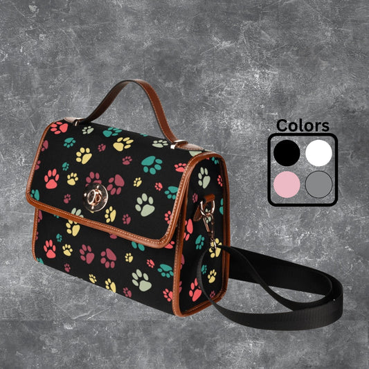 Satchel handbag with dog paw print pattern and shoulder strap, Black canvas handbag PU leather trim, Designer style purse for dog lover