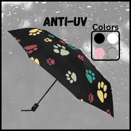 Anti-UV umbrella with colorful Dog Paw Prints, Automatic open and close umbrella for rain or sun, Dog owner gift, UV blocking umbrella