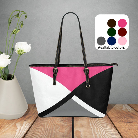 Pink Crisscross large leather tote bag, Black gray white handbag with pink accent color and shoulder straps, Designer Style leather purse