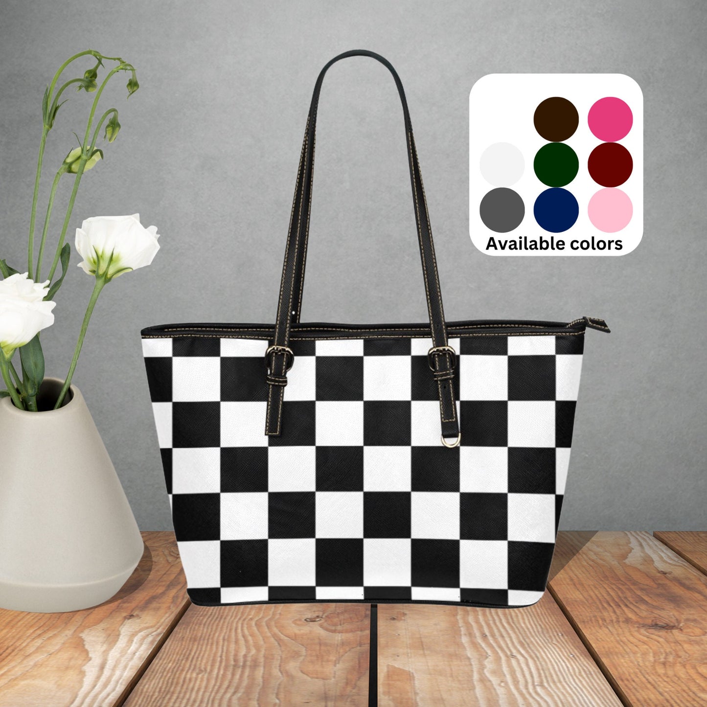 Checkerboard pattern large leather tote bag, Multi color tote with inner zipper pouch and shoulder strap, Designer Style faux leather purse