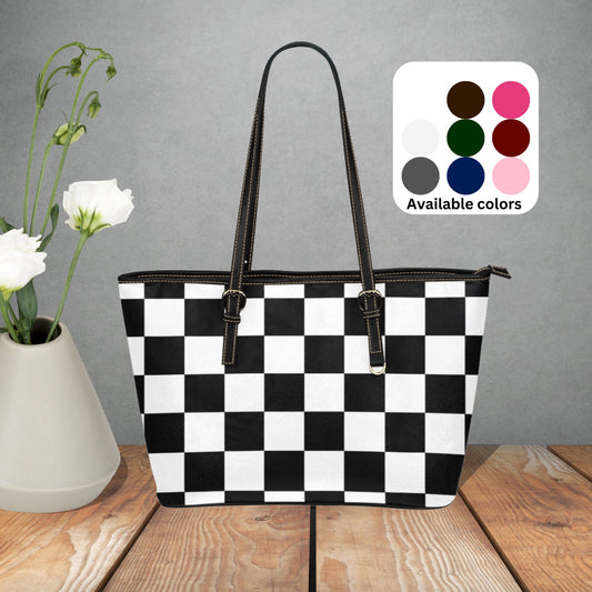 Checkerboard pattern large leather tote bag, Multi color tote with inner zipper pouch and shoulder strap, Designer Style faux leather purse