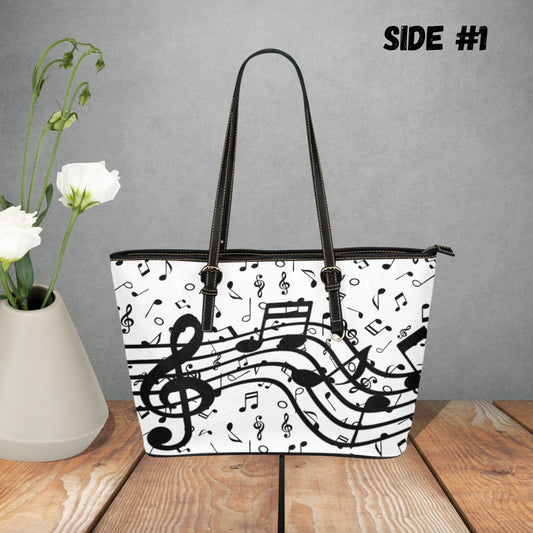 Music Notes and Treble Clef faux leather tote bag, Black and white handbag, Perfect gift for music teacher, Gift for women music lovers