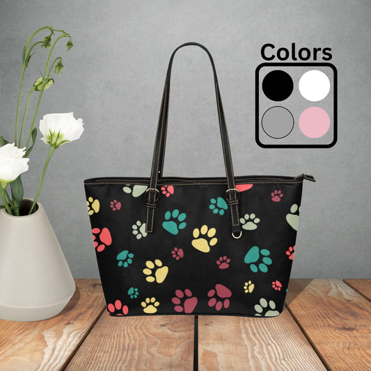 Dog Paw Prints on a large faux leather handbag, Women’s White, Black, Pink, or Gray tote bag, Cute Dog lover handbag with adjustable handles
