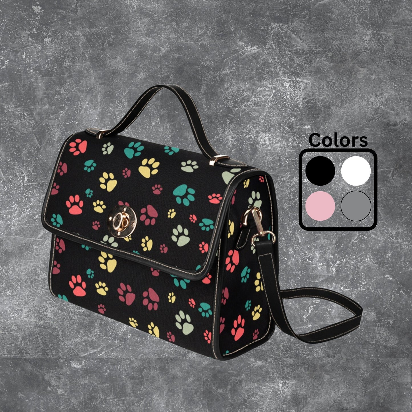 Black satchel handbag with dog paw print pattern and shoulder strap, Black canvas handbag PU leather trim, Dog lover designer style purse