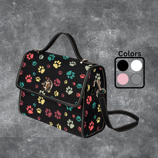 Black satchel handbag with dog paw print pattern and shoulder strap, Black canvas handbag PU leather trim, Dog lover designer style purse