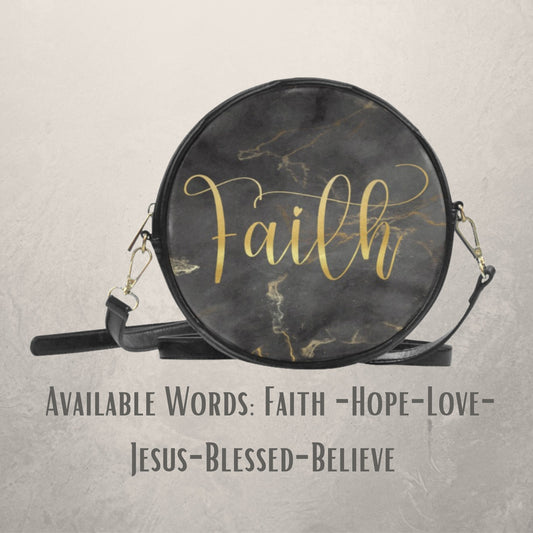 Christian Inspirational Words Round Crossbody Sling Bag, Jesus Bag, Faith crossbody bag with Black and Gold, Religious PU Leather handbag