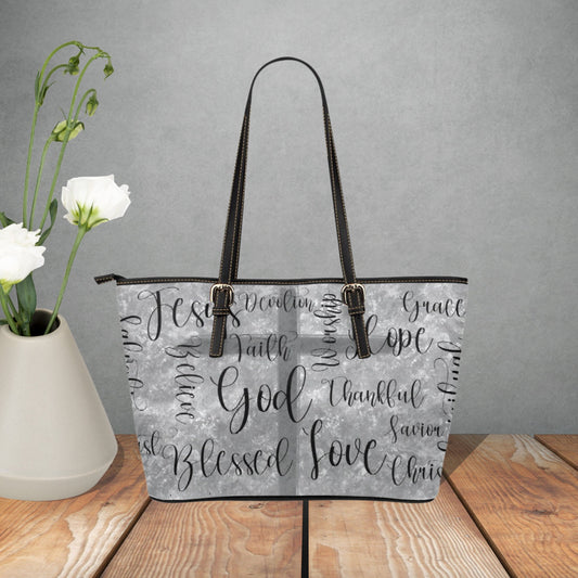 Grey Christian handbag, Faith and inspirational words of God and Jesus on faux leather handbag, Love Jesus, Believe in God, Gift for Wife