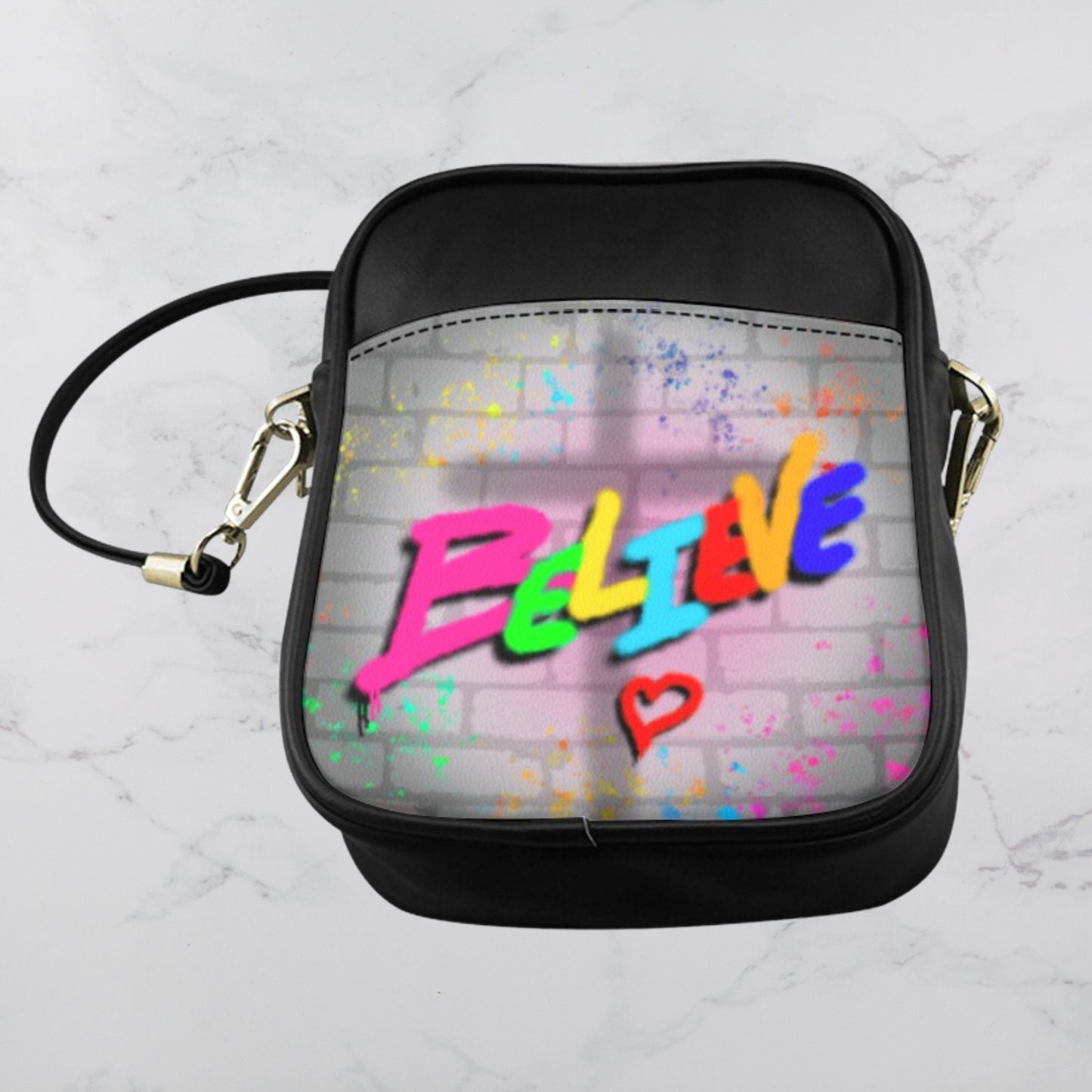 Mini Square Sling Bag, Graffiti Art crossbody bag, Round Crossbody Sling Bag, Colorful Christian Sling handbag, Religious leather crossbody