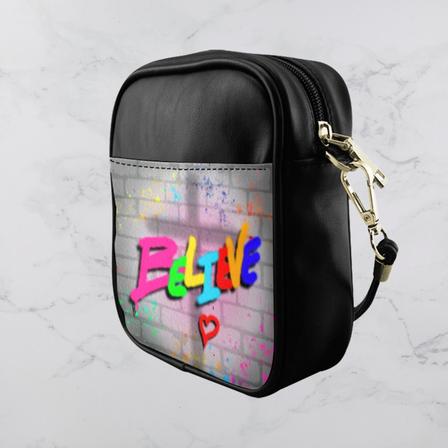 Mini Square Sling Bag, Graffiti Art crossbody bag, Round Crossbody Sling Bag, Colorful Christian Sling handbag, Religious leather crossbody