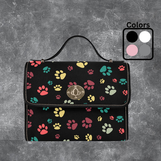 Dog Paw Print Satchel handbag, Dog lover Black canvas handbag, Colorful Dog Paws Design on crossbody purse, Multi colored paw print handbag