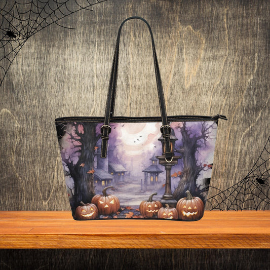 Spooky Halloween Themed Handbag, Jack-o-Lantern Halloween Tote Bag, Haunted House Handbag, Women’s Halloween Design Purse, Halloween Print