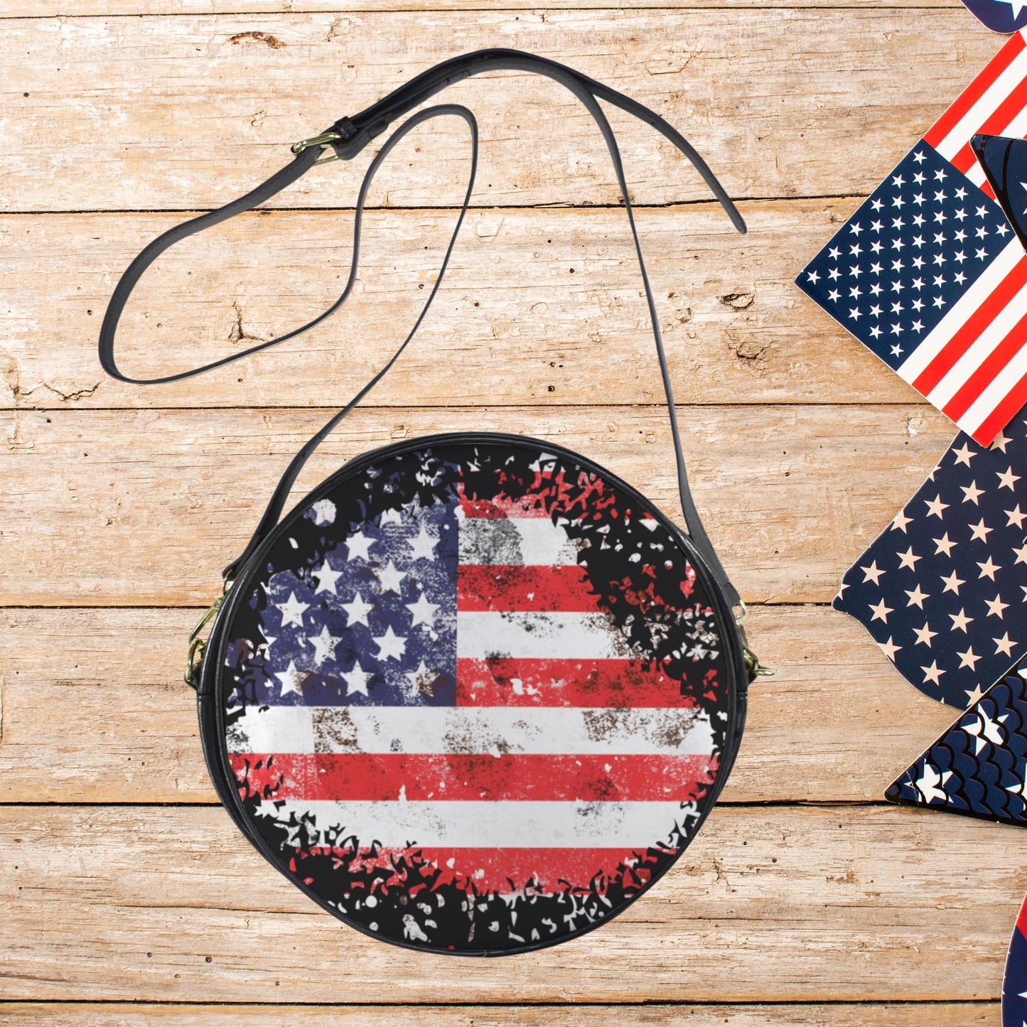 American Flag crossbody bag, Women’s Patriotic Round Sling Bag, Round Vegan Leather Sling Bag with Stars and Stripes, Fourth of July handbag