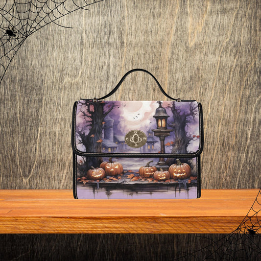 Spooky Halloween Themed Canvas Handbag, Jack-o-Lantern Halloween Satchel, Haunted House Handbag, Women’s Halloween Purse, Halloween Print